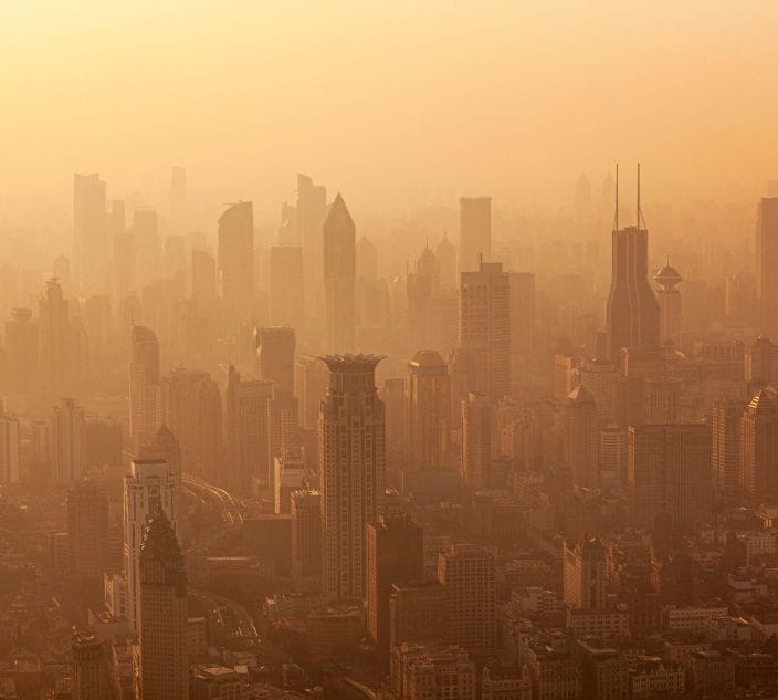 Air pollution seen over Shanghai's Puxi District buildings at dusk, China