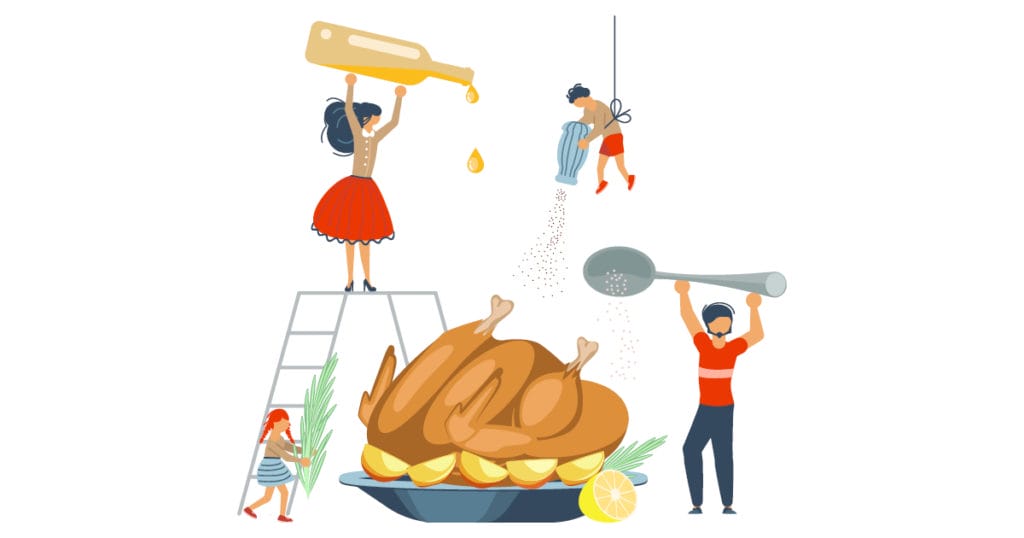 Illustration of a family cooking together. 