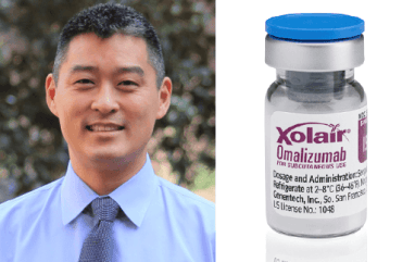 Dr. Edwin Kim, and Xolair vial. Xolair looks may well become the first “anti-IgE” biologic drug to treat multiple food allergies. 